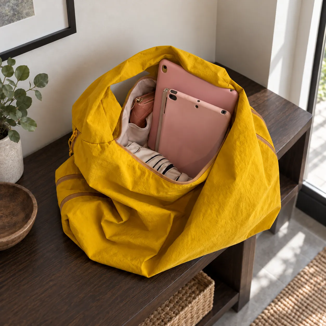 Maren tote open lining and packing view, contents not included